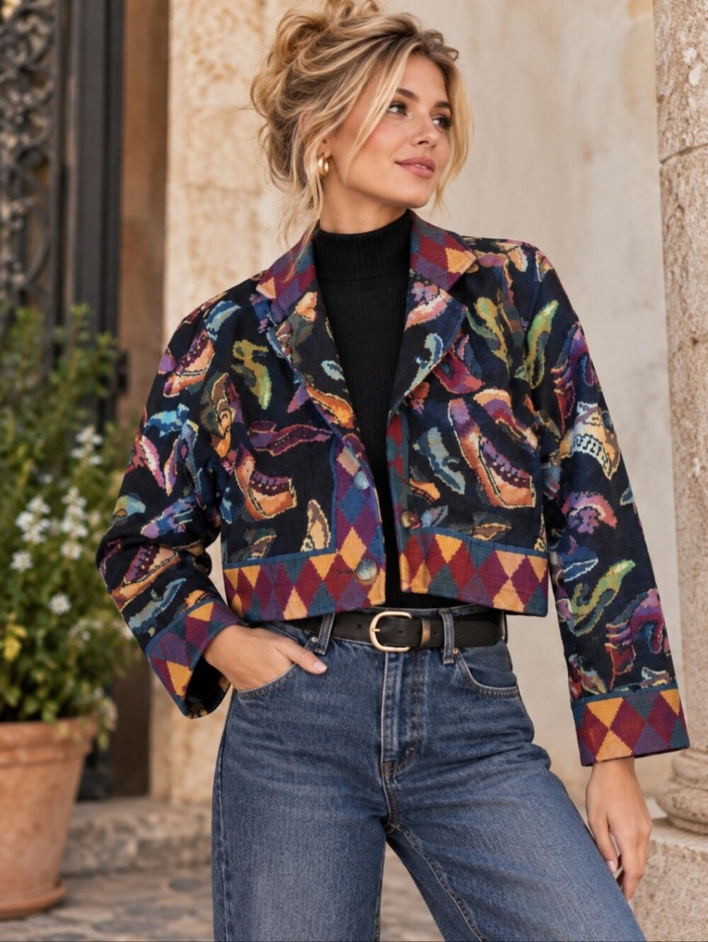 Vtg Eclectic Artsy Rare Painted Pony Tapestry Jacket Retro Bright Colored Shoes